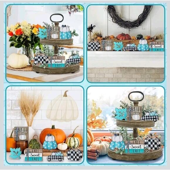 Guoofu Blue Fall Tiered Tray Decor, 6PCS Pumpkin Farmhouse Tray Decorations s32 - Picture 6 of 7